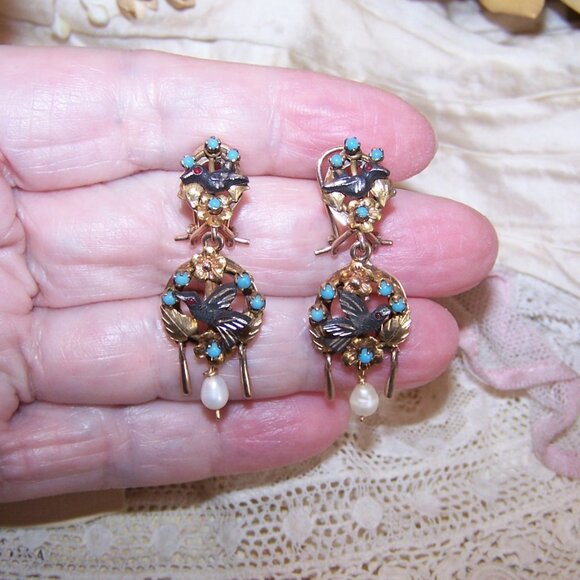 Victorian Revival Mexican 10K Gold Fine Silver Turquoise Dangle Earrings - Picture 4 of 8